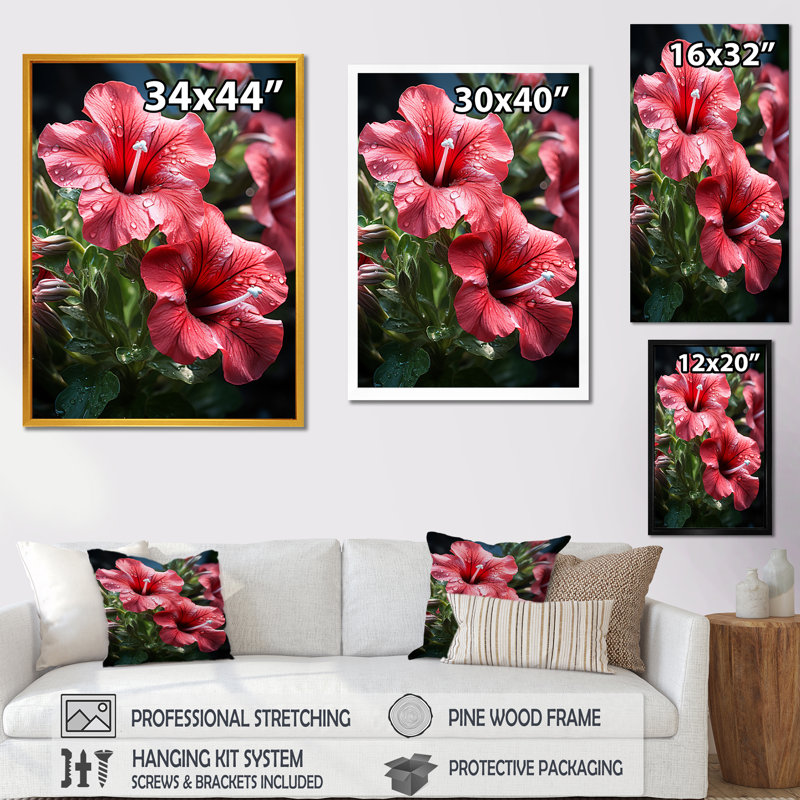 Red Petunia Parade - Pétunias, art mural, Cadre simple noir, H 32 po x l 16 po x P 1 po