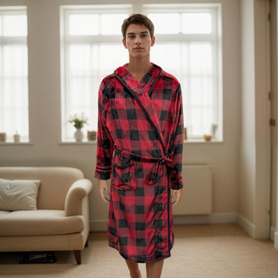 Elegant Comfort Luxury Men’S Hooded Plush Fleece Spa Bathrobe With Shawl Collar And Pockets - Velvet Soft, Mens Spa Long Robe
