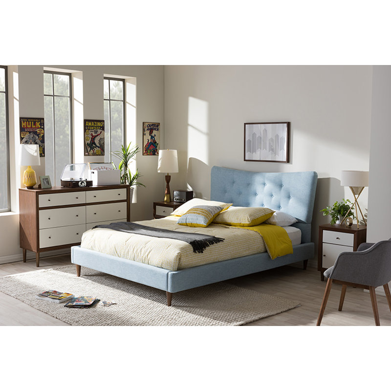 Lit plateforme tapissier Belony, Bleu pâle, Grand