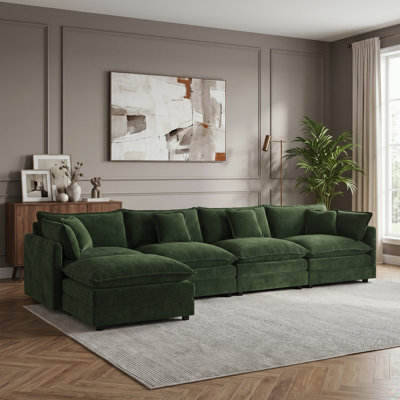 Modular U-Shaped Sectional Sofa with Matching Ottoman and Deep Lounge Seating, Dark Green