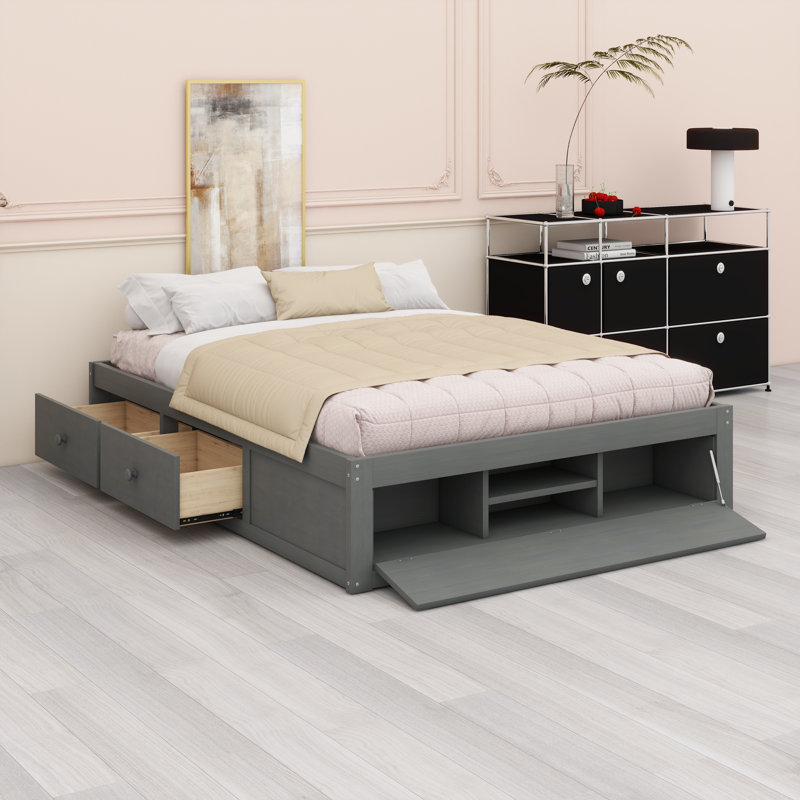 Lit plateforme contemporain avec mécanisme de levage de pied de lit et système de tiroir intégré, Antique Grey