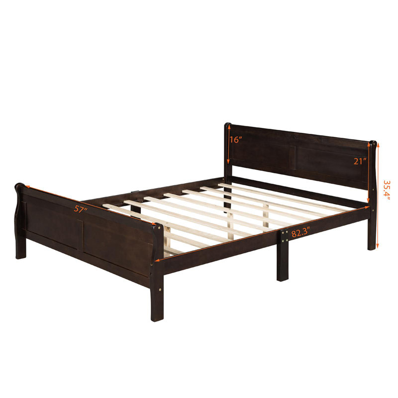 Lit plateforme en bois avec tête de lit et lattes en bois, Espresso, Double