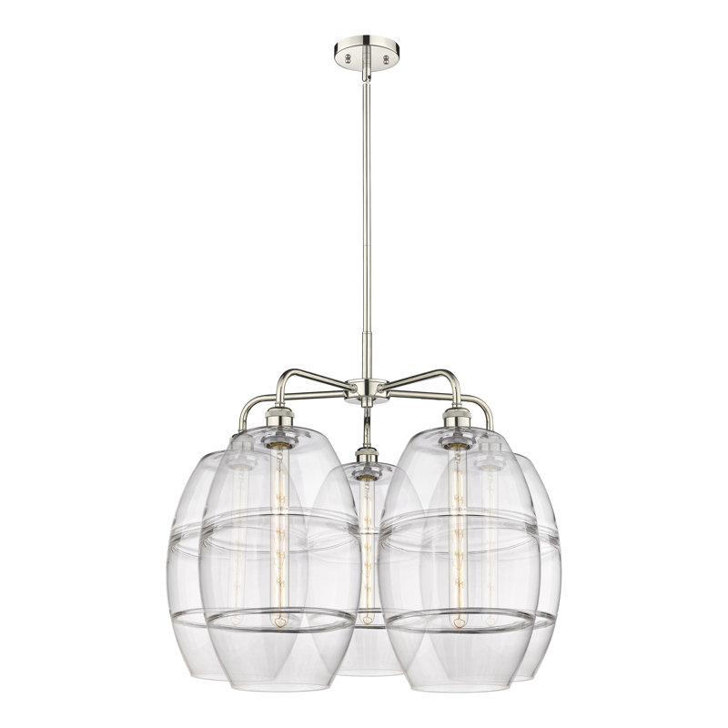 Lustre rond / ovale à abat-jour 5 lumières, Nickel poli, H 24 po x l 28 po x P 28 po, Transparent