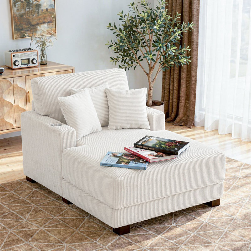 Canapé-lit rembourré en fausse fourrure avec porte-gobelet et coussins décoratifs, Beige