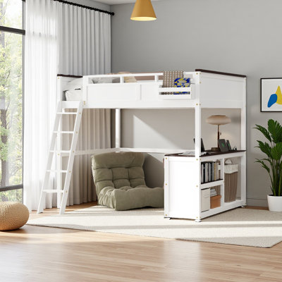 Queen Size Loft Bed With Desk,Open Shelf And A Storage Box,USB Charging Station