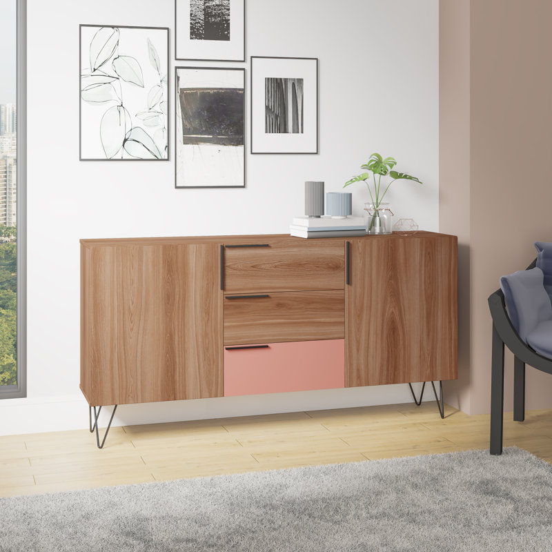 Beekman 63" Mid-Century Modern Sideboard With 4 Shelves and 3 Drawers in Brown and Pink, Brown/Pink