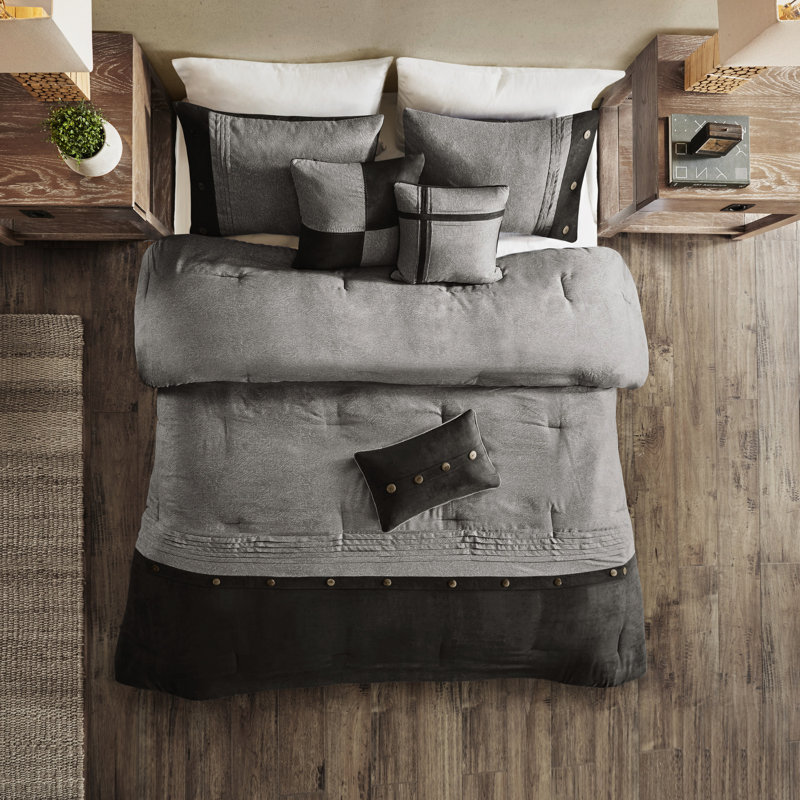 Édredon en faux suède gris 7 pièces pour grand lit - Lodge, Gris, Grand édredon et 6 pièces supplémentaires