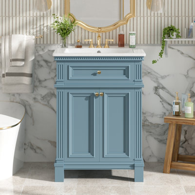 Armoire de salle de bain 24 po avec portes à fermeture douce et tablette réglable, meuble-lavabo avec lavabo en céramique