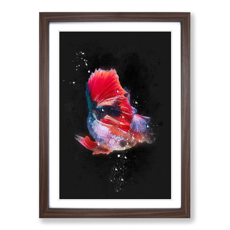 Eye-Catching Red and Blue Fish - Picture Frame Painting Print, 87cm H x 62cm W x 2cm D, Walnut Framed