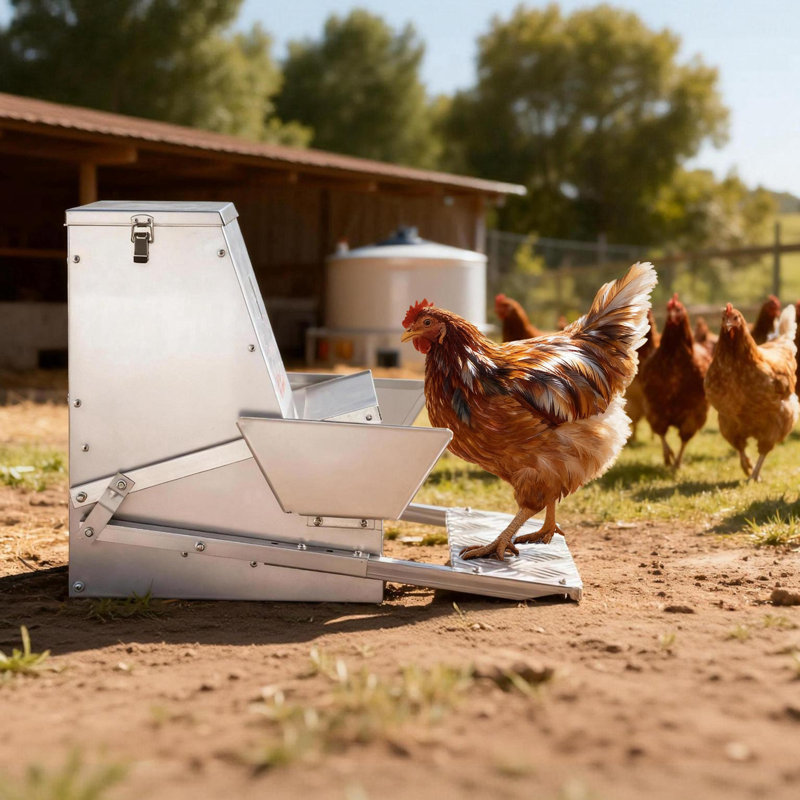 Automatic Chicken Feeder, 40 lbs Capacity, Rainproof Treadle Poultry Feeder with Lockable Lid, No Waste, Galvanized Steel Construction, Outdoor Use, for Chicken, Bantams, Poultry, Pheasants