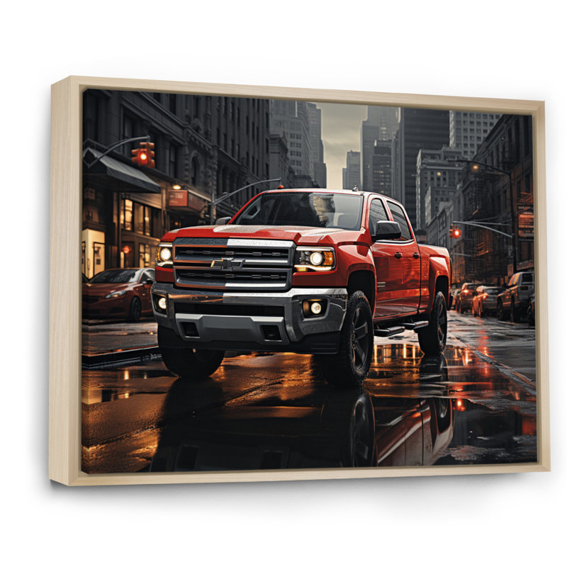 Red Pickup Truck Cityscape Hauler II - Transportation Canvas Art Print, H 12 po x l 20 po x P 1 po, Cadre naturel flottant