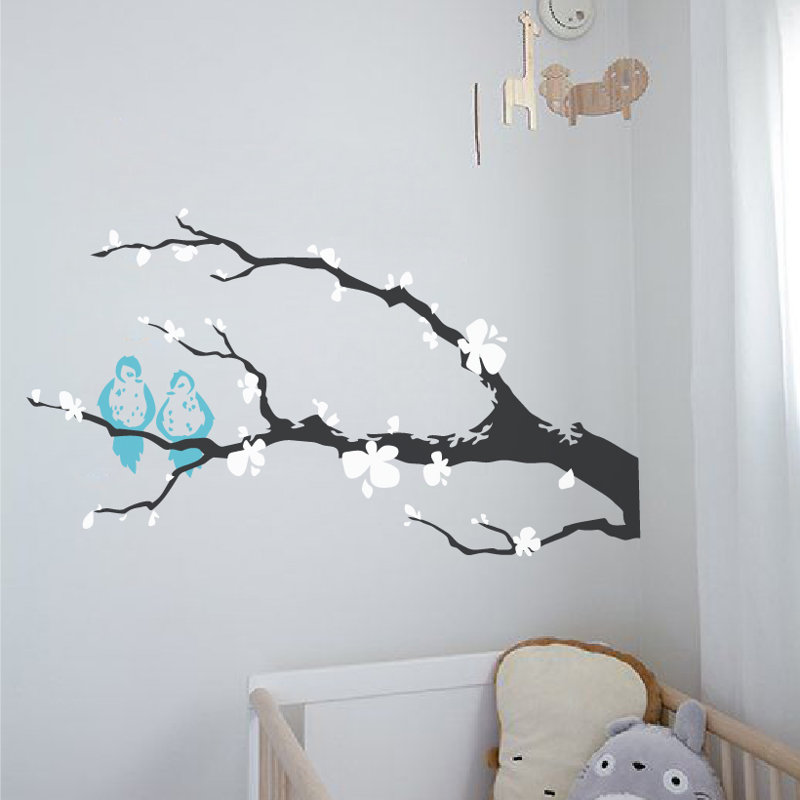 Décalcomanie murale branche arbre love oiseaux, Blanc/bleu, H 21 po x l 40 po x P 0,01 po