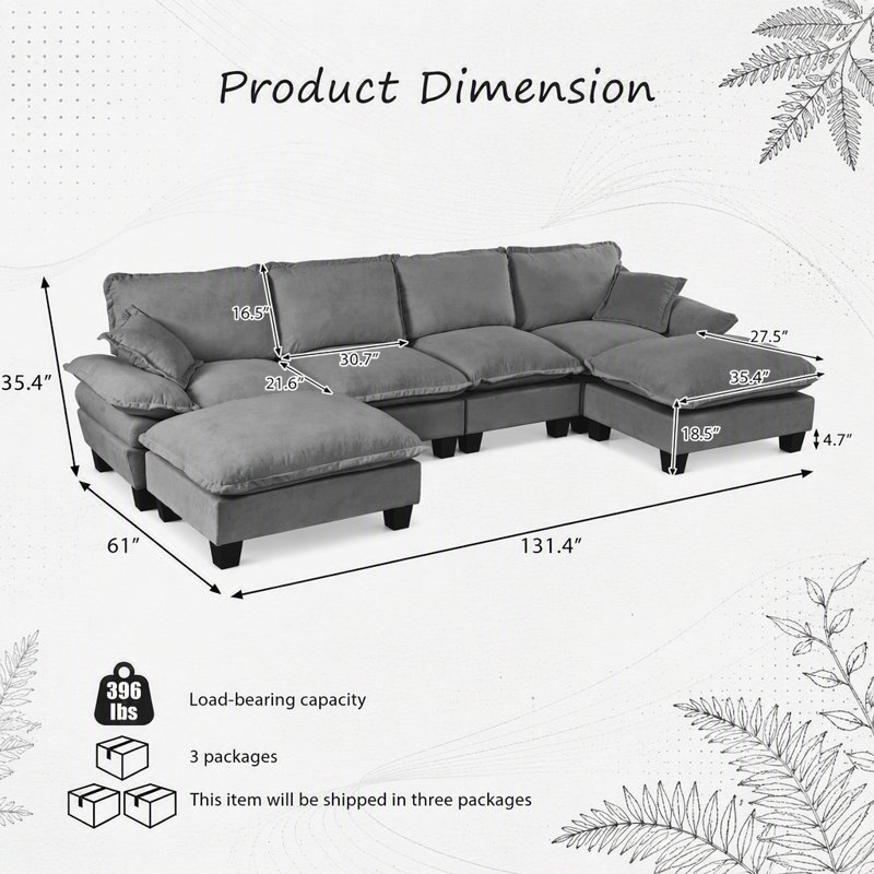 Sailboat-Inspired Modular Cloud Sofa with Movable Ottomans, 130.71" W, Black Chenille