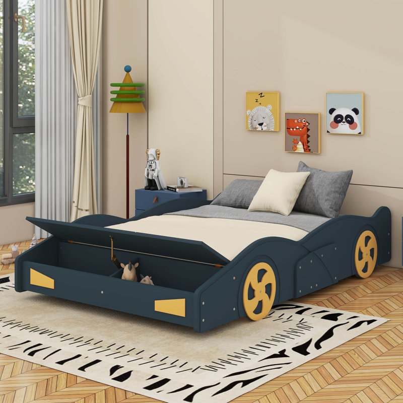Lit plateforme avec rangement et roues Race, Lit double, Marine