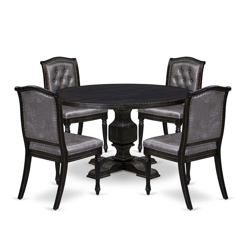 Cet ensemble de table de salle à manger moderne 5 pièces comprend une table ronde et 4 chaises en polyester gris foncé à haut dossier avec une finition noire sablée.