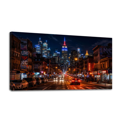 Canvas Wall Art View Lower East Side Financial night from Bridge New City Wall Decor for Living Room Bathroom Bedroom Office 24"H x 48"W Art Paintings, Ready to Hang