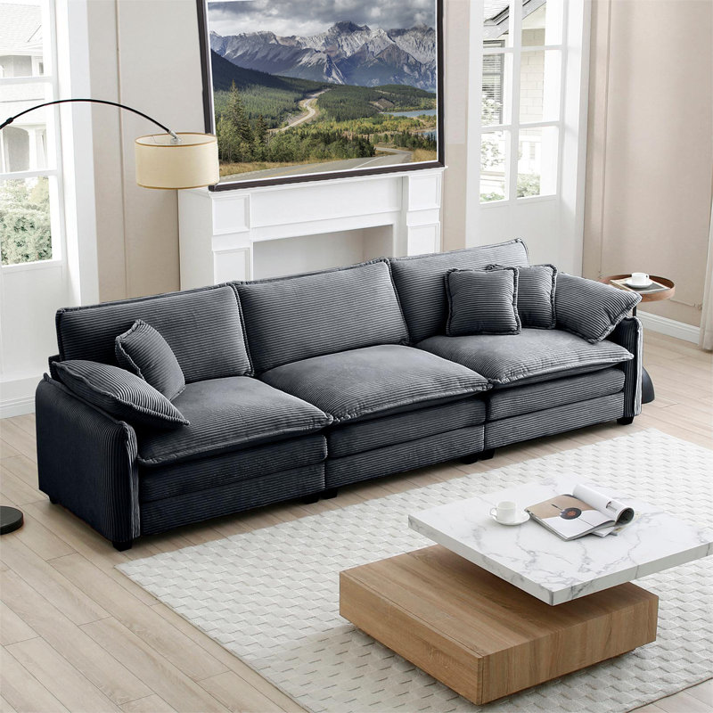Canapé modulaire Mid-Century 3 places avec 2 accoudoirs et 3 coussins décoratifs, Gris