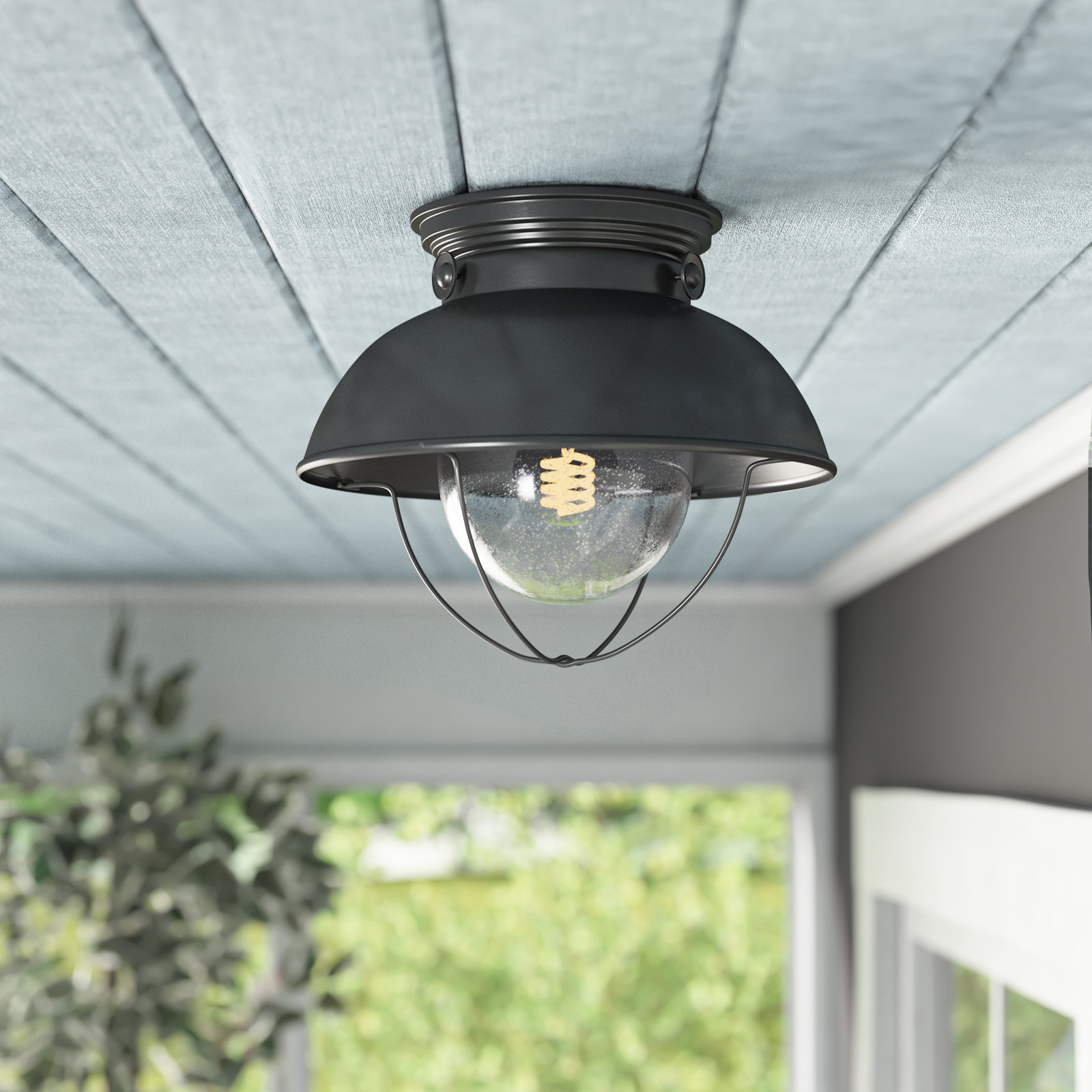 Audrey Seeded Bell Outdoor Semi Flush Mount, Black