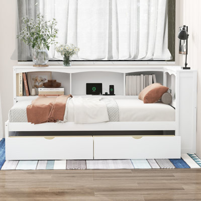Lit de jour simple blanc avec tiroirs de rangement et prises de courant - Structure pour un arrangement de sommeil confortable