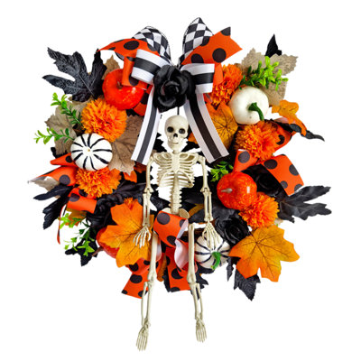 Couronne squelette d'Halloween de 15,75 pouces, couronne artificielle d'automne avec figurine squelette, citrouilles, feuilles d'érable et nœud à pois, ornement suspendu effrayant pour porte d'entrée