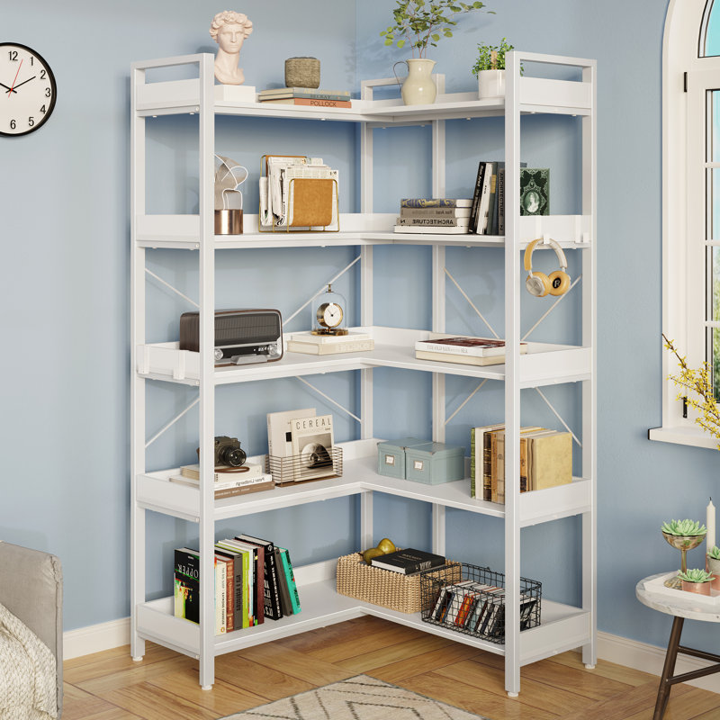 Awbree Bookshelf 5 Tier, Reversible Wood Corner Bookcase with Open Shelves for Living Room, White