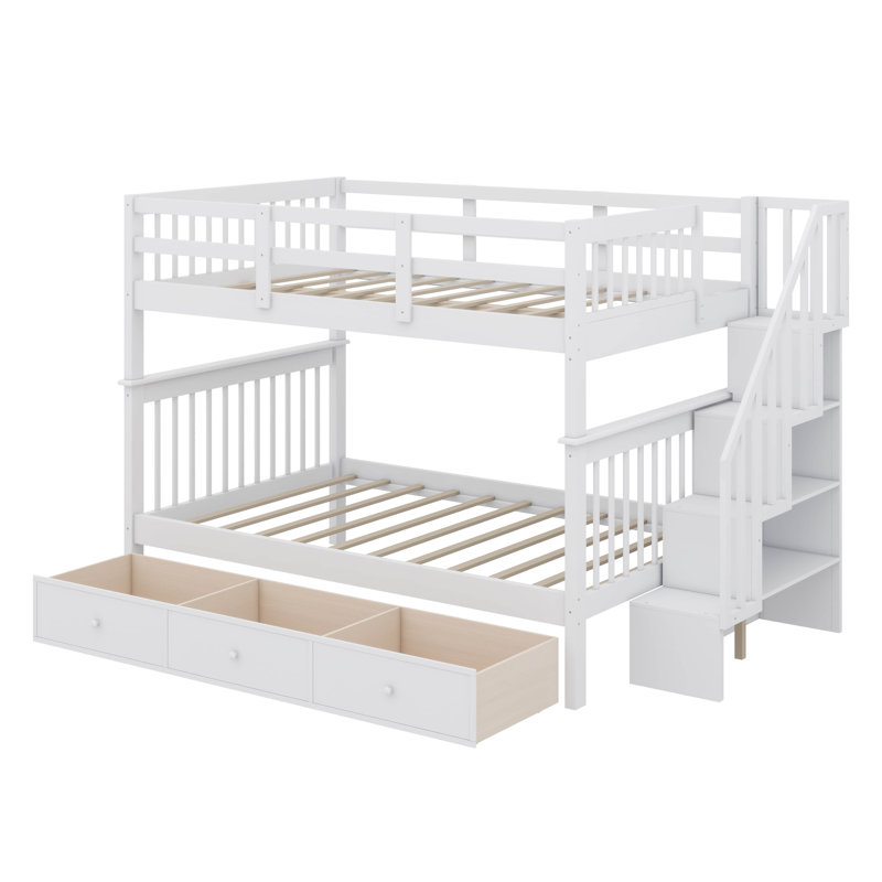 Full-Over-Full Bunk Bed With Stairway, Drawer, Storage, And Bed Guard Rail For Bedroom, White