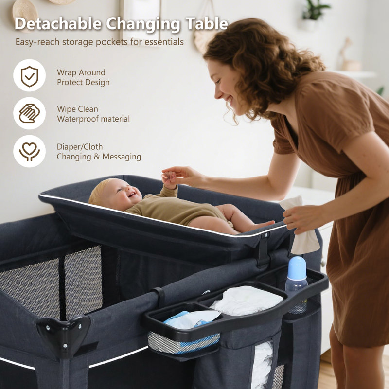 4-in-1 Convertible Baby Playard with Bassinet, Diaper Changer, Cradle&Bedside Sleeper, Dark Gray