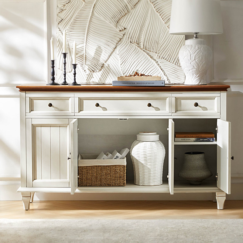 Alvieri Farmhouse 58" W 3-Drawer 4-Cabinet Sideboard with Solid Wood Legs, White