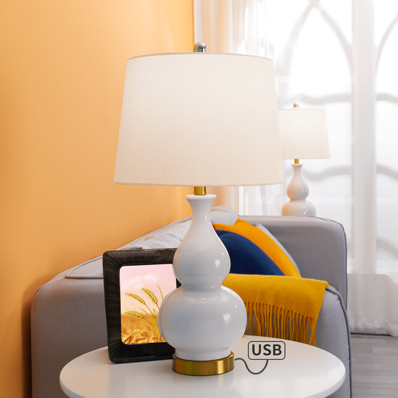 Conyers 26.5" Table Lamp Set with USB, Off-White/Very Light Gray