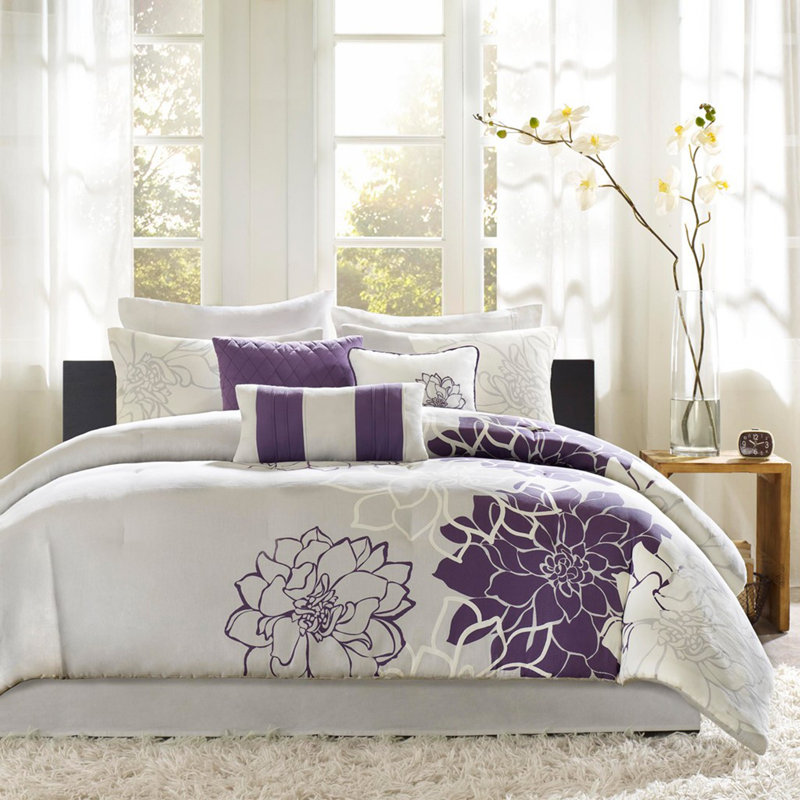 Printed Cotton Sateen Comforter Set Taupe Grey/Purple Cal King