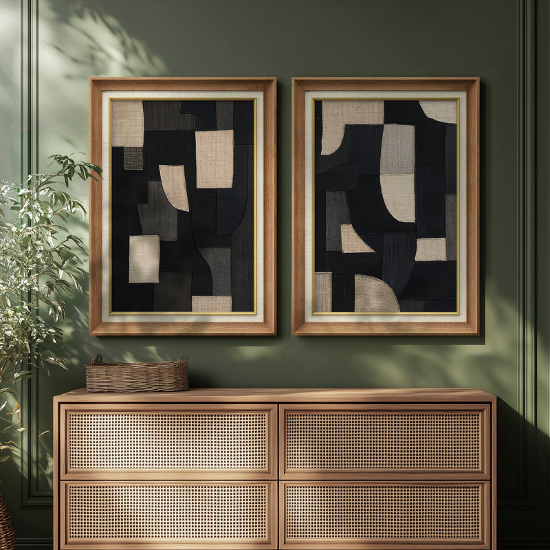 Ensemble de 2 reproductions d'art moderne encadrées sur fond noir et beige à motif géométrique moderne 26 po x 36 po, Naturel