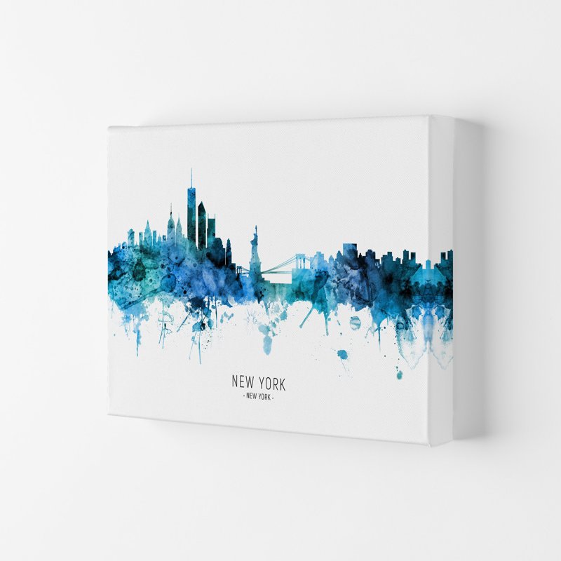 New York Skyline Blue City Name by Michael Tompsett - Print, 29.7cm H x 42cm W x 4cm D, Wrapped Canvas