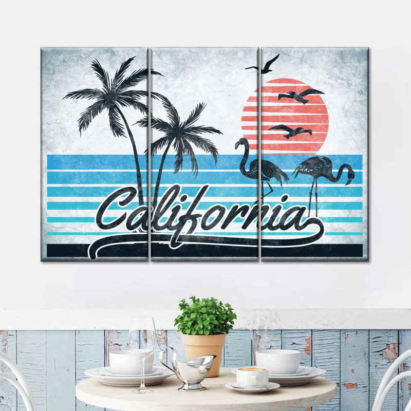 «Tropical Beach Retro California Sign», ensemble de 3 impressions sur toile par Retro Revival, H 36 po x l 57 po x P 1,25 po