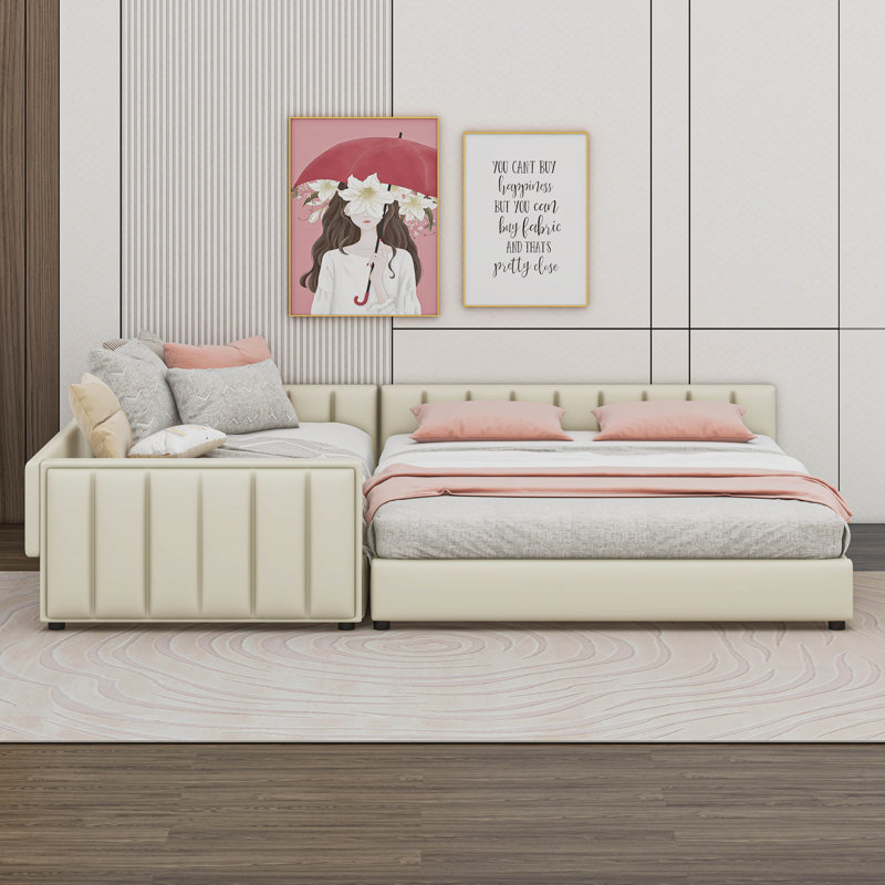 Amaliah Queen Upholstered Platform Bed with Twin Xl Daybed, Beige 