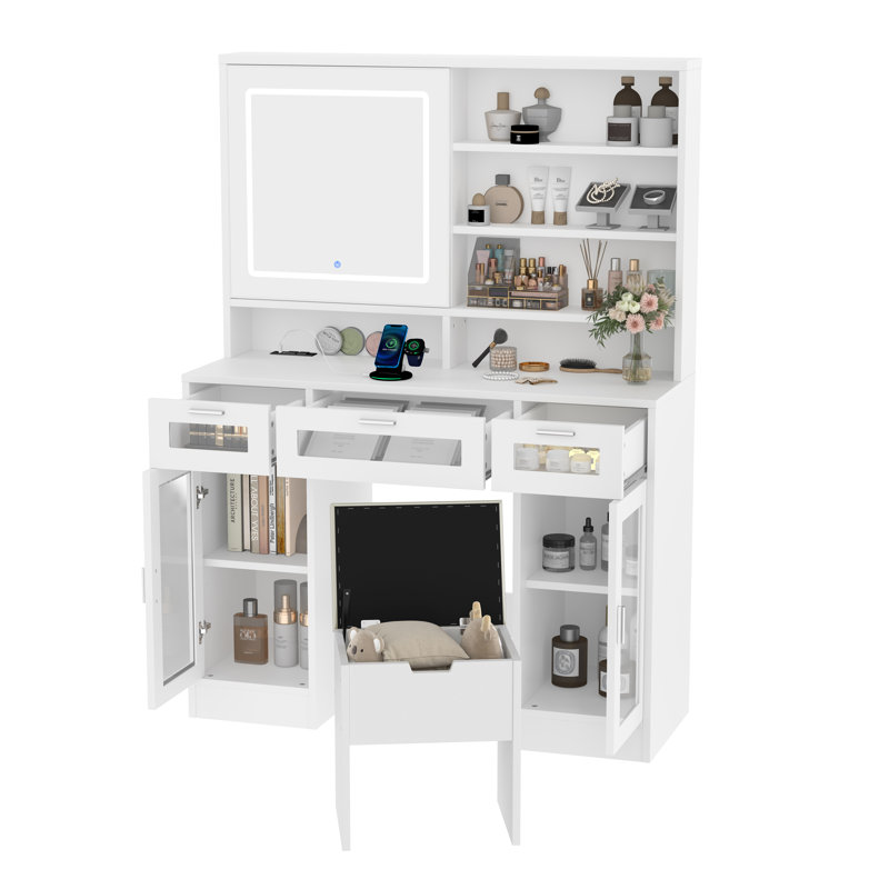 41.3" Makeup Vanity with Sliding Mirror, LED Lighting & Stool