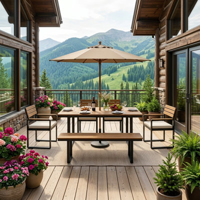 6-Piece Acacia Wood Outdoor Dining Set with 1 Table, 4 Cushioned Chairs & 1 Bench for 6-7 Persons, Adjustable Feet for Patio & Garden