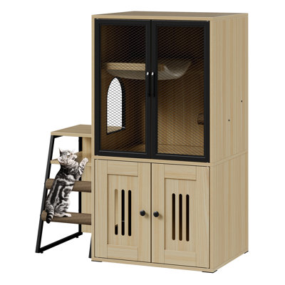 Meuble de litière moderne pour chat double - rangement caché, échelle, hamac, porte en filet métallique - cabinet de toilette intérieur spacieux pour salle de bain - couleur bois