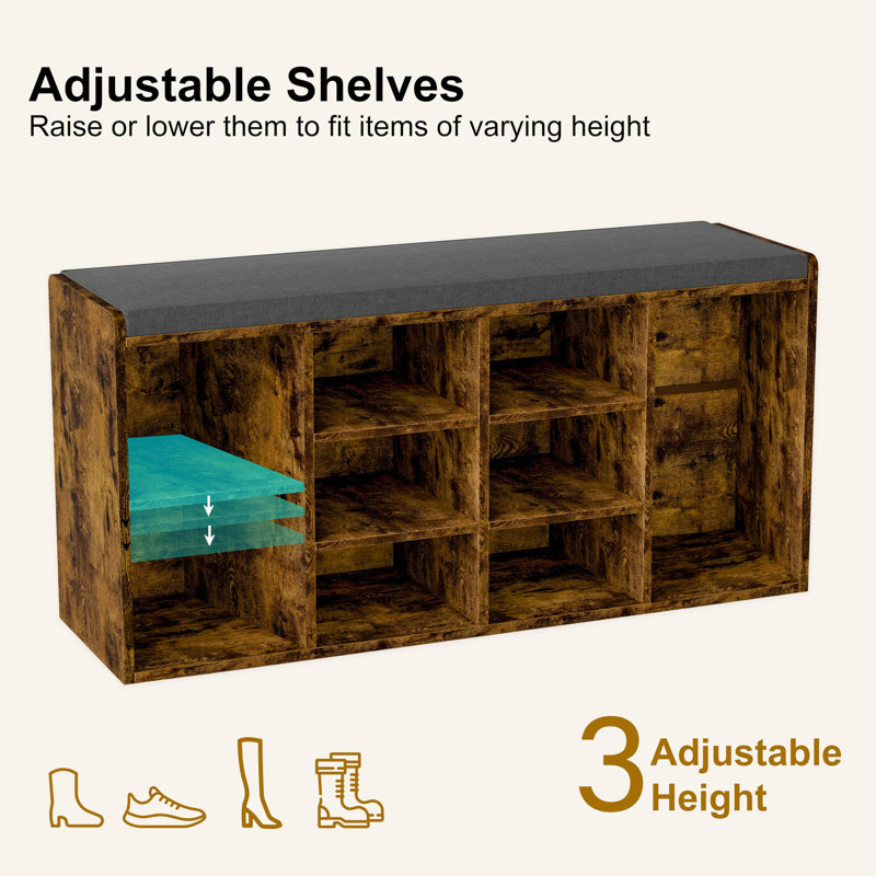 9 Pair Shoe Storage Bench, Rustic Brown/Dark Grey