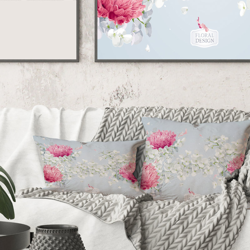 Carré, chrysanthèmes et fleur de pommier - coussin décoratif traditionnel, 16" x 16"