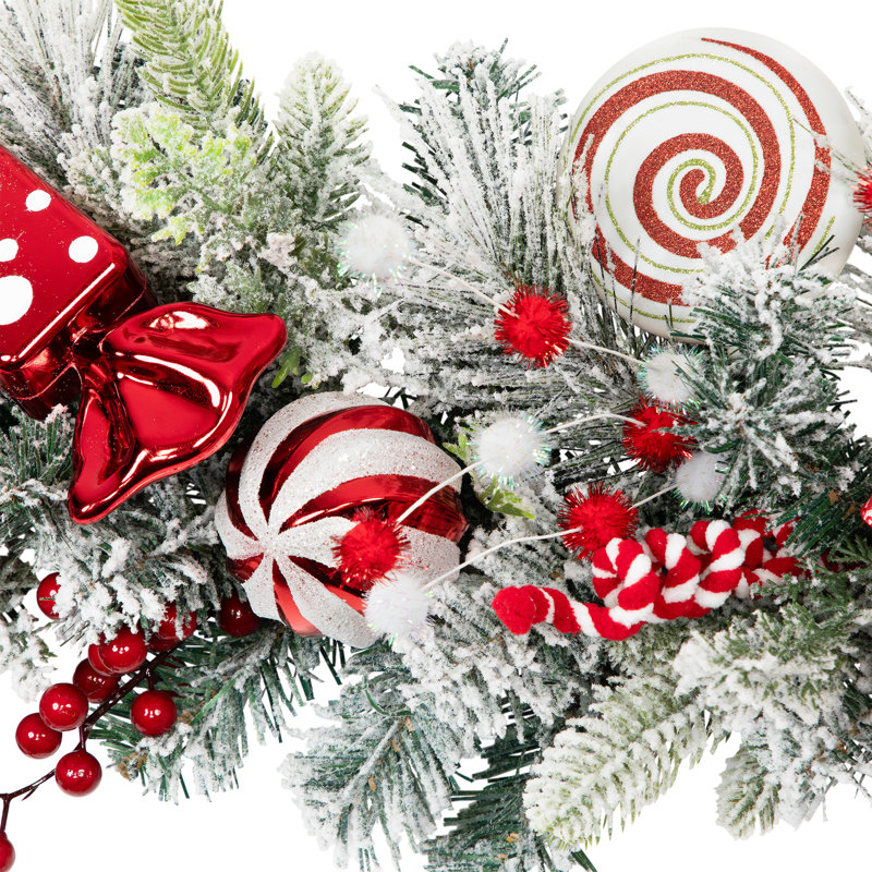 Heavily Flocked Pine With Candy Cane Striped Bows Artificial Christmas Garland - 6' X 8" - Unlit