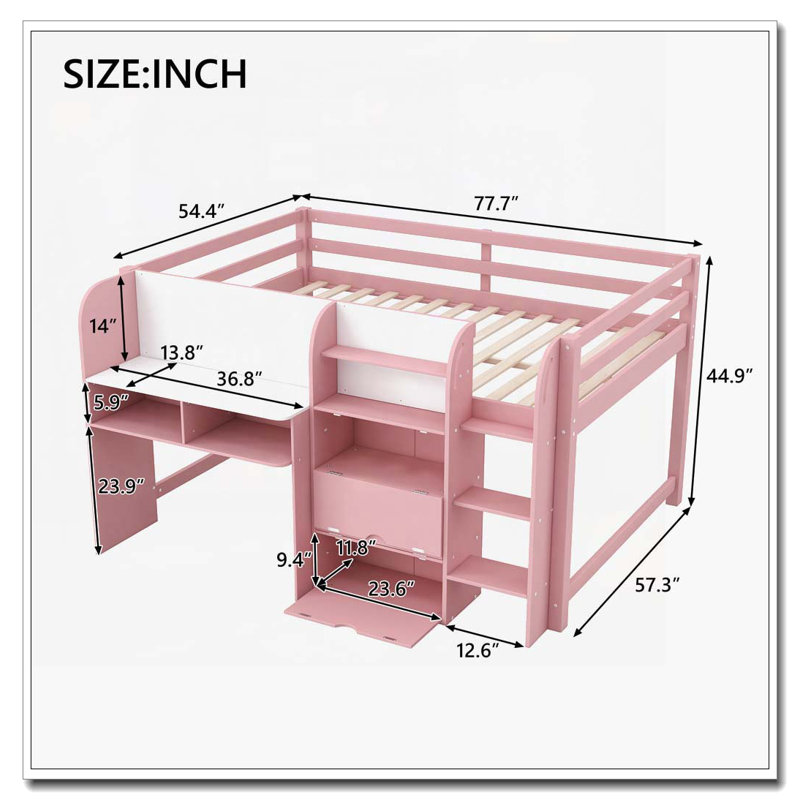 Lit avec bureau intégré, armoires de rangement et bibliothèque ouverte, Rose