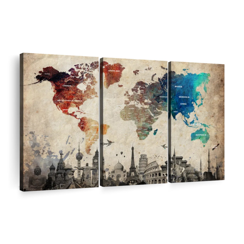 Abalone coloré, ensemble de 3 cartes du monde sur toile, H 48 po x l 74 po x P 1,25 po