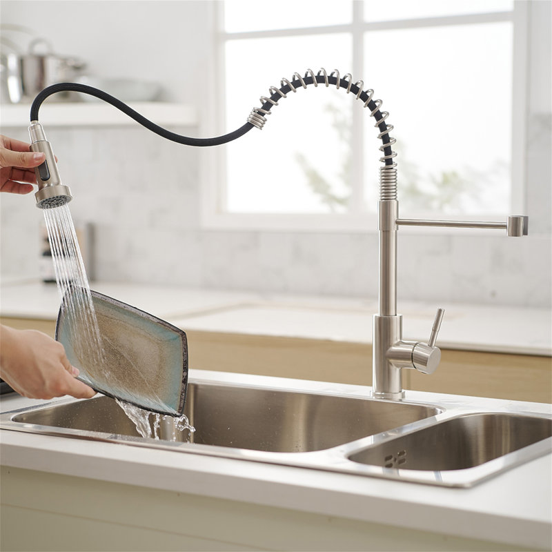 Robinet de cuisine avec douchette extractible, robinet d'évier de cuisine à poignée simple, Nickel brossé