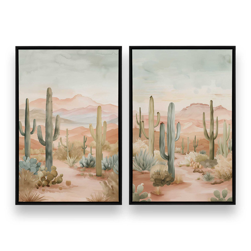 Ensemble de 2 impressions sur toile Cactus Waltz, Cadre flottant noir satiné, H 36,75 po x l 49,5 po x P 1,75 po