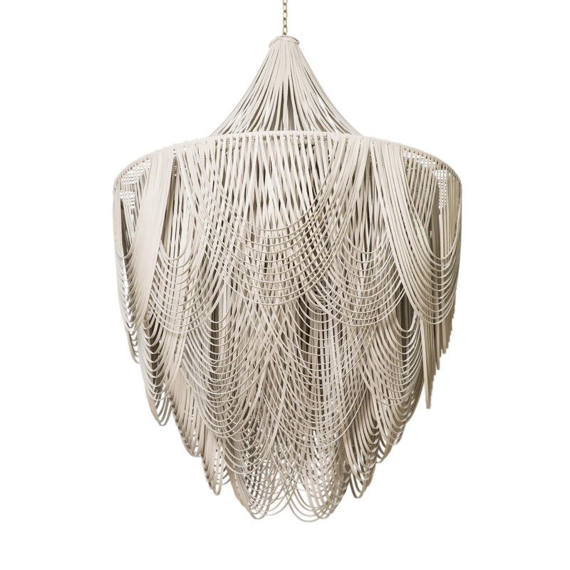 Large Leather Fringe Chandelier w/ Crown, Cream, 53" H x 36" W x 36" D