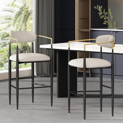 Ensemble de 2 tabourets de bar, tabourets de bar rembourrés avec dossier et pieds en fer pour îlot de cuisine, assise en tissu beige, capacité de poids de 260 lb