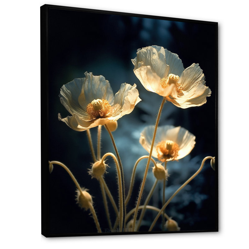 «Cream Vibrant Poppies II», reproduction sur toile, Cadre flottant noir, H 20 po x l 12 po x P 1 po