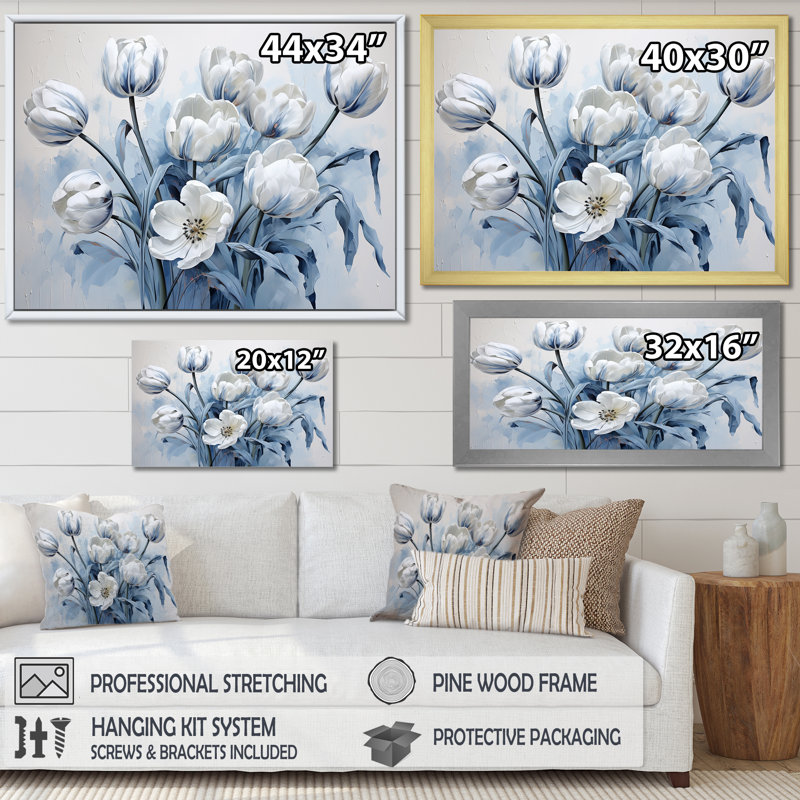 Minimalisme, tulipes bleues et blanches, coup de pinceau sur toile, Cadre simple argenté, H 12 po x l 20 po x P 1 po