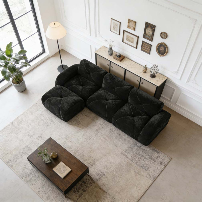 L-shaped Soft Velvet Fabric,Movable Ottoman, Black, 29.9" H x 110.6" W x 37.4" D