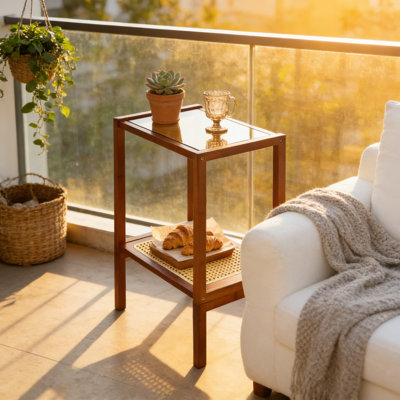 Table d'appoint moderne en bambou avec plateau en verre et tablette en rotin, table de bout à deux niveaux pour le salon ou la chambre à coucher, conception étroite et peu encombrante avec rangement